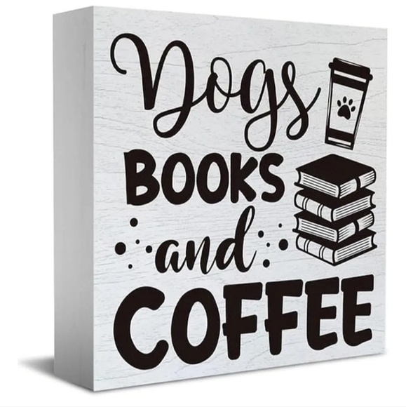 Farmhouse Dogs Books and Coffee Wooden Box Sign  Humor Coffee Wood 5 x 5 - Picture 1 of 5
